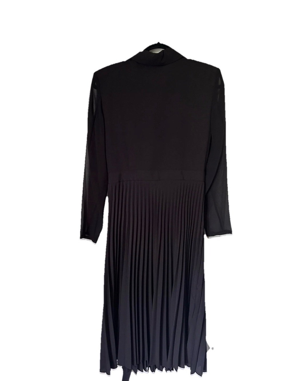 Sandro Paris Elegant Black Pleated Wrap Midi Dress with Sheer Sleeves size 38 - Picture 5 of 8